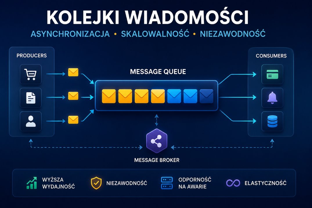 Schemat działania kolejki wiadomości w Java i mikroserwisach z producentami, Message Brokerem i konsumentami