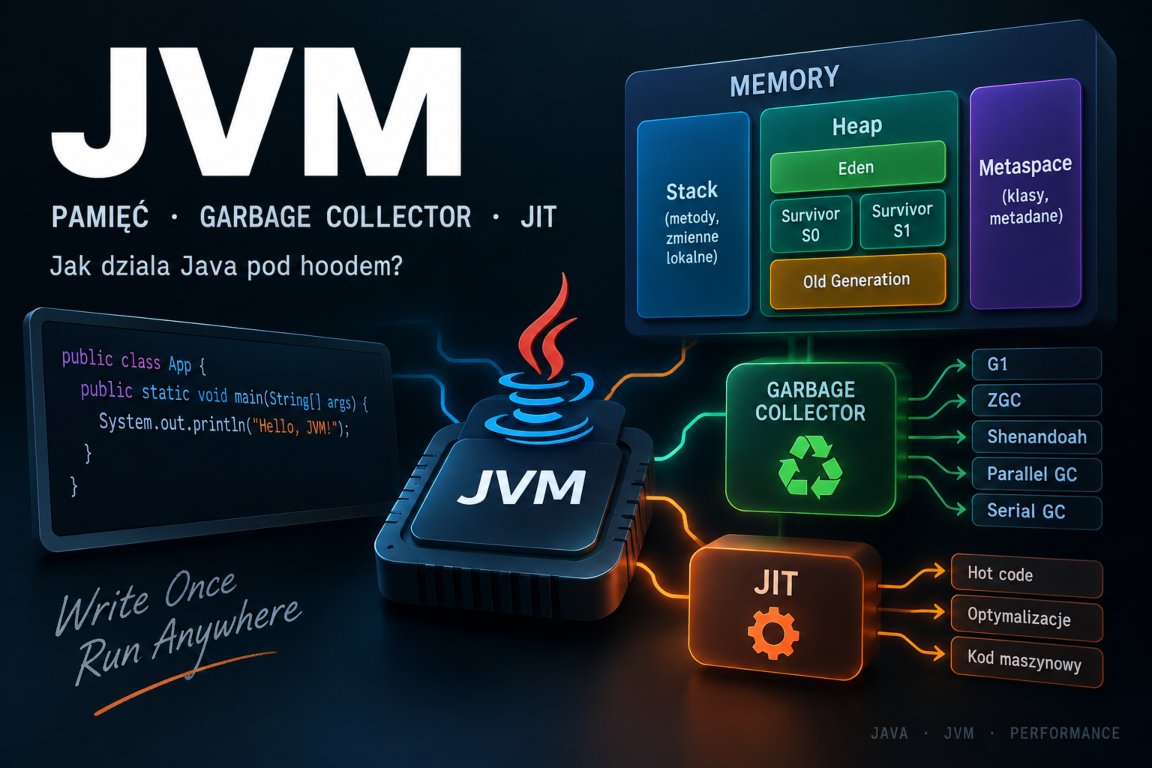 Schemat działania JVM pokazujący pamięć Java, Stack, Heap, Eden, Survivor, Old Generation, Garbage Collector i JIT.